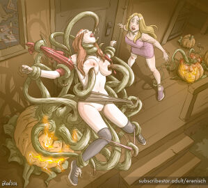 2girls 4others ambiguous_gender bare_arms bare_shoulders blonde_hair breasts clothes_removed door erenisch female full_body functionally_nude_femaleshort_dress halloween ink_dress jack-o'-lantern magic_circle no_socks orange_hair over-kneehighs panty_pull parted_bangs pumpkin pussy restrained restrained_by_tentacles sneakers stairs standing stripped_by_tentacles suspended_via_tentacles tentacle tentacle_around_neck tentacle_in_pussy tentacles_around_ankles tentacles_around_arms tentacles_around_wrists torn_clothes torn_shirt torn_skirt vine_tentacles witness wooden_floor