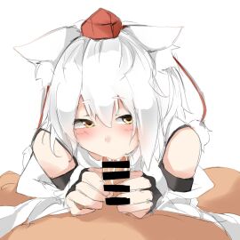 1boy animal_ear_fluff animal_ears bar_censor blush censored commentary_request detached_sleeves fellatio female hair_between_eyes hat houkai_(collapse_illust) inubashiri_momiji looking_at_viewer male momiji_inubashiri open_mouth oral penis pom_pom_(clothes) red_hat shirt short_hair simple_background sleeveless sleeveless_shirt solo_focus straight tail tokin_hat touhou upper_body white_background white_hair white_shirt white_sleeves wolf_ears wolf_girl wolf_tail