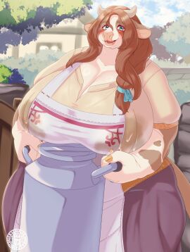 absurd_res anthro apron big_breasts blue_eyes bodily_fluids bovid bovine breasts brown_ears building cattle clothing day female fur grey_horn heart_(marking) hi_res holding_object holding_pitcher holstein_friesian_cattle horn house huge_breasts implied_lactation lactating lactating_through_clothing looking_at_viewer mammal markings milk multicolored_body multicolored_fur open_mouth outside pitcher plant sasanoha6011 sky solo standing tree two-tone_body two-tone_fur wet wet_clothing white_body white_fur wide_hips