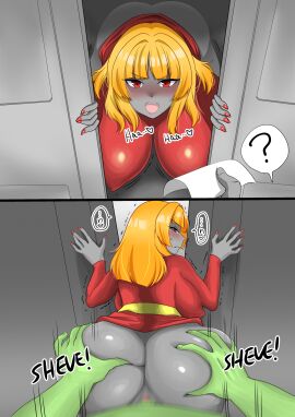 1boy 1girls 2_panel_comic 2koma ? annoyed aquila_and_teren ass ass_grab ass_squeeze bangs bent_over blush breasts censored colored_skin comic document doggy_style doggystyle doors dress female from_behind from_behind_position green_skin grey_skin hidden_sex hime_cut huge_ass huge_breasts kimea_(aquila_and_teren) large_ass large_breasts looking_at_viewer looking_back male male_pov moaning monster monster_boy monster_girl motion_blur motion_lines nail_polish nails nails_painted naughty_face office_lady open_mouth orange_hair paper pov pussy red_eyes red_nail_polish sash sequential sex shiromochi_(123) shoulder_length_hair skirt skirt_lift stealth_sex sweat vaginal_penetration viewed_from_behind