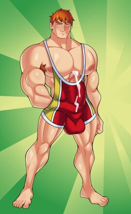1boy 2024 armpit_hair balls balls_bulge balls_in_clothing barefoot biceps big_balls big_pecs blush bulge bulge_under_clothes bulging_biceps cheek_bones circumcised commission erection erection_bulge erection_under_clothes feet giant_cock grabbing_own_penis gripping_cock hand_in_pants huge_pecs huge_pectorals looking_at_viewer male male_focus male_only muscles muscular muscular_arms muscular_legs muscular_male muscular_thighs nipples orange_hair pecs pectorals penis penis_peek precum shiny_skin singlet singlet_only skimpy_outfit smirk solo solo_focus solo_male thick_thighs wade_(class_comics) wrestling_singlet yuunsfw