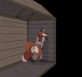 2025 animal_genitalia animal_pussy animal_vulva anthro bottomless canid canine canine_genitalia canine_pussy canine_vulva clothed clothing dress female fox garbagegarage genitals hi_res inside inviting looking_back mammal medieval_clothing noclip pussy pussy_peek scarf solo