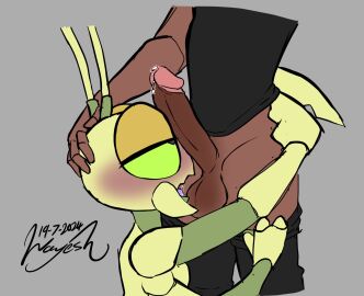 3_fingers 4_arms 5_fingers ambiguous_gender antennae_(anatomy) anthro arms_around_partner arms_around_waist arthropod assisted_exposure athletic athletic_human athletic_male azaan_(wayesh) balls bedroom_eyes blush bodily_fluids brown_body clothed_human clothed_male daniel_(wayesh) drooling duo exoskeleton fingers genital_fluids genitals glans green_body green_exoskeleton green_sclera hand_on_head hi_res human humanoid_genitalia humanoid_penis imminent_oral insects leaking_precum male mammal mandibles mantis multi_arm multi_limb narrowed_eyes nude_anthro original original_character original_characters penile penis penis_on_face penis_worship precum pulling_down_pants pupils purple_pupils saliva seductive signature slim_anthro undressing_another wayesh yellow_body yellow_exoskeleton