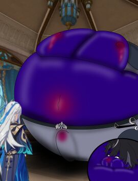 blue_skin blueberry_inflation blueberry_juice boner erection erection_pushing_underwear erection_under_clothes expansion genshin_impact hoyoverse lactating lactating_nipples lactation leaking leaking_nipples male mihoyo navel nipples northkelp pecs penis_expansion ripped_clothing spherical_inflation wriothesley_(genshin_impact)