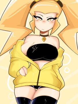 big_breasts blonde_female blonde_hair blush breasts electra_(gwain_saga) female geoexe gwain_saga hand_on_hip jacket jacket_off_shoulders long_hair seabunny_pi tagme thick_thighs thighhighs thighs twintails yellow_eyes