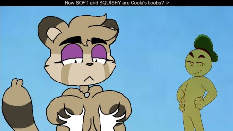 2024 anthro boob_grab boob_squish breasts cooki_(super_planet_dolan) disappointed disembodied_hand dolan female green_dolan lowres meme ms_paint no_clothes planet_dolan super_planet_dolan tail_tuft tanooki textrnrnwebblewobblebob_(artist)