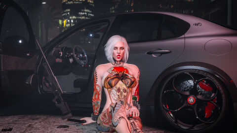 1girls ass blue_eyes breasts car city female flossie_grey grand_theft_auto grand_theft_auto_online grand_theft_auto_v gun legs masturbation naked naked_female night nipples nopixel nude nude_female nullinvoid on_floor pistol pussy sitting sniper tattoo tattoo_on_arm tattoo_on_back tattoo_on_belly tattoo_on_chest tattoo_on_legs tattooed_arm tattoos thick_ass thick_butt thighs white_hair