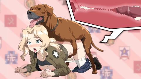 1boy all_fours animal blonde_hair blue_eyes blue_shorts blurry blurry_background blurry_foreground blush boots breasts brown_jacket canine censored cross_section cum_in_pussy denim_shorts depth_of_field doggy_style female hair_intakes jacket kay_(girls_und_panzer) long_hair long_sleeves medium_breasts military nipples no_bra open_jacket open_mouth penis saunders_military_uniform sex sex_from_behind shiny shiny_hair shorts shorts_pull star_(symbol) straight tagme thighhighs tongue tongue_out uniform uterus vaginal_penetration video white_legwear zoophilia