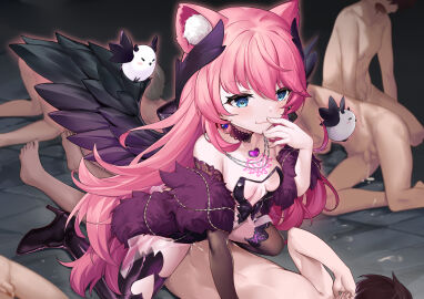 463_jun 5boys absurdres animal_ear_fluff animal_ears assertive_female black_wings breasts choker clothed_female_nude_male cowgirl_position creature cum ejaculation female heart heart-shaped_pupils highres indie_virtual_youtuber long_hair male multiple_boys multiple_males nude pink_hair sakurada_hane small_breasts straddling symbol-shaped_pupils virtual_youtuber wings