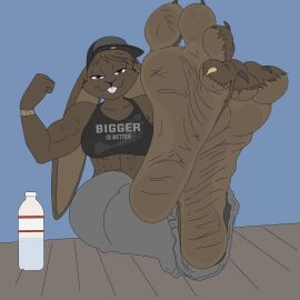 amanda_(shortcayk) anthro barefoot bottle bracelet buckteeth clothing container countershade_tail countershading crossed_legs curling_toes ear_piercing feet feet_focus female flexing flexing_bicep foot_focus hat headgear headwear hi_res humanoid_feet jewelry lagomorph leporid looking_at_viewer mammal paws piercing plantigrade rabbit shirt shortcayk sitting soles solo tail tank_top teeth topwear water_bottle