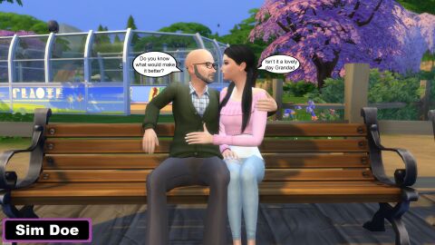 1boy 3d age_difference black_hair caption captions couple couple_(romantic) cute cute_face davion_cross_(sim_doe) dianna_cross_(sim_doe) english english_text female grandfather_and_granddaughter grey_hair male old_male original_characters petite petite_female sim_doe speech_bubble the_sims the_sims_4 younger_female