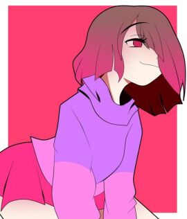 bete_noire betty_noire brown_hair glitchtale hair_covering_one_eye pink_eyes pink_hair pink_sweater purple_sweater red_background red_skirt short_hair skirt sweater thick_thighs white_background