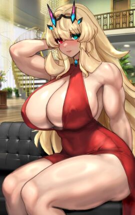 1girls bare_shoulders barghest_(gawain)_(fate) blonde_hair blush blush_lines blushing boob_window breasts breasts_bigger_than_head cleavage clothed clothed_female clothing dress earrings fate/grand_order fate_(series) female female_only green_eye hand_behind_head heterochromia hoop_earrings hoop_earrings_oversized huge_breasts light-skinned_female light_skin long_hair looking_at_viewer muscular muscular_arms muscular_female muscular_legs nipple_bulge pale_skin raskasar red_dress red_eye servant sitting sitting_on_couch thick_thighs wide_hips