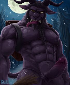 1boy 2024 abs anthro bara biceps black_hair bodily_fluids body_hair bovid caprine caprine_demon chest_hair christmas deltoids demon dripping erection evil_grin facial_hair genital_fluids genitals goat_demon goatee grin hair hi_res holidays horn humanoid_genitalia humanoid_penis kaijurah krampus long_tongue looking_aside male male_only mammal masculine_male moon muscular navel night nipples nude open_mouth outside penis plant precum precum_drip pubes smile snow snowing solo standing tongue tongue_out tree triceps vein veiny_penis yaoi yellow_eyes
