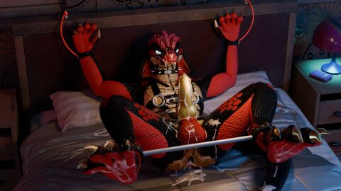 3d actualbirdad anthro anus ass bodily_fluids claws collar cum cum_in_ass cum_inside digital_media_(artwork) excessive_cum excessive_genital_fluids genital_fluids genitals harness hi_res knot knotted_penis male male/male muzzle_(object) muzzled penis reptile restrained restraints scalie snake solo spreader_bar