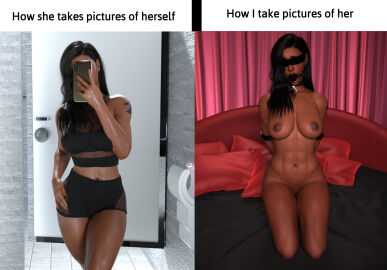 1girls 3d arms_behind_back ball_gag before_and_after black_hair blindfold bondage brown-skinned_female brown_skin english_text female gag gagged mmmph! original shoulder_tattoo tattoo