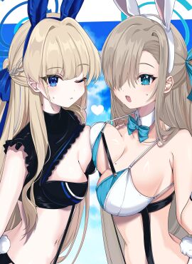 2girls absurdres alternate_costume animal_ears asuna_(blue_archive) asymmetrical_docking baba_kirika bikini black_bikini blonde_hair blue_archive blue_bikini blue_bow blue_bowtie blue_eyes blue_hair blue_halo blush bow bowtie braid breast_press breasts bunny_ears closed_mouth detached_collar fake_animal_ears fake_tail female hair_over_one_eye halo heart highres large_breasts light_brown_hair long_hair looking_at_viewer medium_breasts mole mole_on_breast multicolored_bikini multicolored_clothes multicolored_hair multiple_females multiple_girls navel one_eye_closed open_mouth rabbit_ears rabbit_tail streaked_hair swimsuit tail toki_(blue_archive) white_bikini