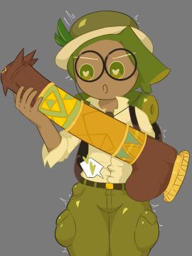 confusedsabron cookie_run cookie_run_kingdom glasses heart-shaped_pupils holding_object horse_penis horsecock male olive_cookie penis round_glasses sex_toy spoken_heart