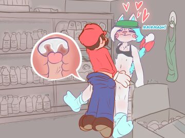 1boy 1girls 2d 2d_(artwork) 4:3 against_wall anthro anthro_on_human apron background barista blue_hair blue_socks blush bow bra breasts brown cartoony cat_ears cat_humanoid cat_tail climax closed_eyes clothing color commission cum cum_in_pussy cum_in_uterus cum_inside feet feline female fluffy fluffy_tail fur furry gloves grabbing hair hands_on_wall happy hat heart human karen_(smg4) karen_katphish legs_spread looking_up male mario mario_(series) medium_breasts messy_hair mouth_closed nintendo no_panties no_pants no_shirt overalls pink_nose potato_dealer pussy scrunchy_face sex short_hair sitting smg4 smg4_art smile socks squint standing storage_room straight tail talking text toes_spread vaginal_penetration white_fur white_hair x-ray