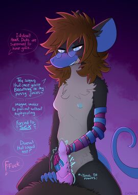 anthro blue_eyes blue_nipples breasts brown_hair canid canine circe_(pankallisti) countershading dialogue dominant dominant_female duo english_text eyewear female fur genital_transformation genitals gills glasses grey_body grey_fur hair hi_res magic magic_user male male/female mammal murid murine nipples on_top pankallisti penile_gills penis prosthetic prosthetic_arm prosthetic_limb purple_penis rat rodent small_breasts speech_bubble text transformation wearing_glasses