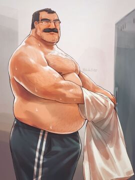 blush bulge dad_bod facial_hair flaccid glasses kuki1210 male male_only moustache penis shirtless solo solo_male sweat sweating
