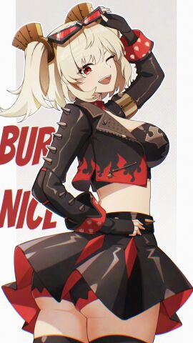 1girls ;d adversarial_noise ass black_gloves black_skirt black_thighhighs blonde_hair breasts burnice_white character_name eyewear_on_head female fingerless_gloves gloves grey_background highres large_breasts looking_at_viewer midriff one_eye_closed open_mouth red_eyes short_hair skirt smile solo sunglasses teeth thighhighs thighs twintails twitter_username uni_(maru231) upper_teeth_only zenless_zone_zero