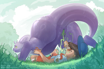 bodily_fluids bottomwear clothing duo female female_feral feral generation_6_pokemon genital_fluids goodra green_eyes hat headgear headwear hi_res human interspecies lying male male/female male_human male_on_feral mammal mr_fuga mrfuga nintendo on_back on_grass on_ground pants peeing pokemon pokemon_(species) pokephilia purple_body pussy shirt slime tail thick_tail thick_thighs topwear unusual_bodily_fluids unusual_genital_fluids unusual_pussy_juice urine vaginal_fluids zoophilia