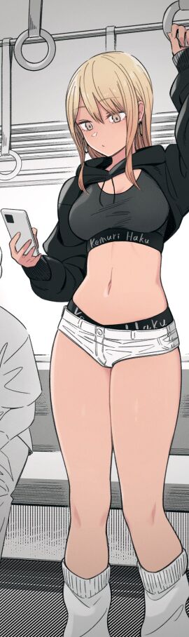 blonde_hair denim_shorts emotionless emotionless_female female indifference indifferent kemuri_haku oblivious phone shorts tagme tomboy train train_interior unamused unaware unbothered uncaring unenthusiastic