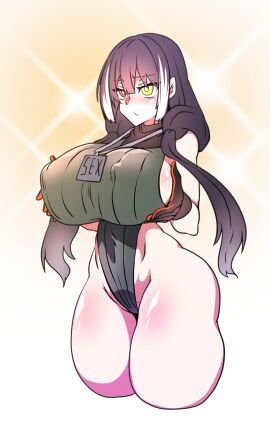 alternate_breast_size bare_shoulders black_gloves black_hair blush breasts covered_nipples cowboy_shot female girls'_frontline gloves grabbing_own_breast gradient_background h_earth hair_over_shoulder heterochromia highleg highleg_one-piece_swimsuit highres huge_breasts lanyard leotard long_hair low_twintails mole mole_on_crotch mole_on_pussy multicolored_hair nose_blush one-piece_swimsuit pussy red_eyes ribbed_leotard ro635_(girls'_frontline) simple_background sleeveless sleeveless_sweater solo streaked_hair super_highleg sweater swimsuit thick_thighs thighs twintails white_background white_hair wide_hips yellow_background yellow_eyes