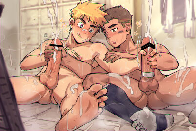 2boys blonde_hair blue_eyes brown_eyes brown_hair color colored cum eyes gay gay_male hair male male/male male_focus male_only masturbation original original_character penis sport sports_uniform xiaobaitiang yaoi