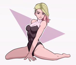 abs absurdres asymmetrical_hair barefoot black_bodysuit blonde_hair blue_eyes bodysuit breasts brown_hair commentary english_commentary eyebrow_piercing face_piercing female gradient_hair gwen_stacy highleg highleg_leotard highres kim_kai leotard marvel medium_breasts medium_hair multicolored_bodysuit multicolored_hair piercing pink_hair sidecut skin_tight smile solo spider-gwen spider-man:_into_the_spider-verse spider-man_(series) spider-verse thighs toned toned_female two-tone_bodysuit undercut white_bodysuit