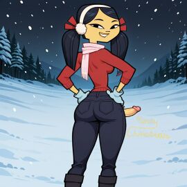 1futa 1girls ai_generated ass balls black_hair cartoon_network christmas clothed earmuffs fresh_tv from_behind futanari kitty_(tdi) lamppost looking_at_viewer looking_back mittens open_fly pee_in_snow penis penis_out rear_view scarf smile snow solo solo_futa teletoon testicles the_ridonculous_race total_drama_island twintails unzipped_pants urine_in_snow winter winter_clothes