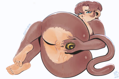 1girls anal_plug anthro ass barefoot big_ass blue_eyes brown_body brown_hair buttplug buttplug_in_ass countershading eymbee feet female female_only haplorhine looking_back lying lying_on_side monkey monkey_girl nude nude_female primate pussy solo tail wet_pussy white_background