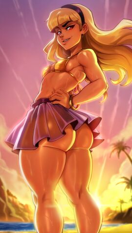 2025 ass beach big_ass bikini blonde_hair bracelet breasts child_(dc) dc dc_comics female female_only flowing_hair golden_bikini golden_week hairband hand_on_hip hi_res highres long_hair looking_at_viewer lord_of_chaos red_eyes reliusmax see-through side_view sideboob skirt small_breasts smirking smug smug_face solo solo_female solo_focus sunset wet young_justice young_justice:_phantoms