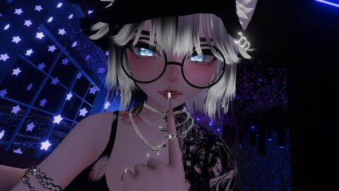 animal_ears bangs blue_eyes bucket_hat chains finger_in_mouth glasses hat jewelry kiss_mark long_nails ripped_clothing self_upload selfie tattoo teasing vest vrchat vrchat_avatar vrchat_model