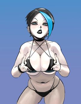 1girls big_breasts big_tiddie_goth_girlfriends_on_the_moon! bigdumsirk bikini black_hair blue_eyes blue_hair breasts earrings female grabbing_own_breast huge_breasts kali_(big_tiddie_goth_girlfriends_on_the_moon!) looking_at_viewer multicolored_hair short_hair sirkle tagme