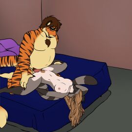 1:1 2022 5_fingers age_difference anthro anthro_on_anthro anthro_penetrated anthro_penetrating anthro_penetrating_anthro bed bedroom belly big_belly black_nose black_stripes breasts brown_hair chest_tuft claws duo eve_(wolfpack67) eyewear eyewear_only felid female female_penetrated finger_claws fingers freelapse fur furniture genitals glasses glasses_only gloves_(marking) grey_body grey_fur hair hi_res humanoid_hands inside interspecies larger_male leg_markings lying lying_on_bed male male/female male_penetrating male_penetrating_female mammal markings navel nipples nude nude_anthro nude_female nude_male older_male on_back on_bed orange_body orange_fur overweight overweight_anthro overweight_male pantherine pat_(wolfpack67) penetration penile penile_penetration penis penis_in_pussy pillow pink_nose procyonid pubes pussy raccoon ring_(marking) ringed_tail sex size_difference smaller_female smile socks_(marking) spread_legs spreading striped_body striped_fur striped_markings striped_tail stripes tail tail_markings tiger tuft vaginal_penetration wearing_glasses younger_female