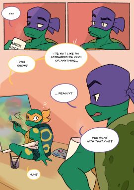 2022 3_fingers absurd_res anthro anthro_only arm_support black_text brother brother_(lore) brothers_(lore) brown_shell brush canvas color_coded color_coded_speech_bubble comic container cup dialogue donatello donatello_(tmnt) duo english_text fingers green_body green_scales green_shell head_turned hi_res holding_brush holding_container holding_cup holding_mug holding_object holding_paintbrush looking_back male male_anthro michelangelo michelangelo_(tmnt) motion_lines mug multicolored_shell orange_mask paint_palette paintbrush painting_(action) paper purple_mask question_mark reptile rise_of_the_teenage_mutant_ninja_turtles scales scalie shell sibling_(lore) sitting speech_bubble standing talking_to_another teal_shell teenage_mutant_ninja_turtles text text_on_mug threek turtle two-tone_shell water