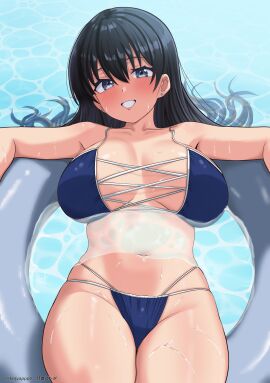 1girls absurdres big_breasts bikini black_eyes black_hair blue_bikini blue_eyes blush breasts breasts_apart cleavage collarbone commentary_request cute_expression female female_only grin highres huge_breasts kenja_panda large_breasts long_black_hair long_hair looking_at_viewer nagi_arato navel on_innertube ruri_no_houseki ruri_rocks seductive_look smile solo solo_female solo_focus stomach swimsuit teeth thighs water wet