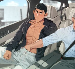 2boys abs bara bare_breasts big_bulge black_eyes black_hair blush breasts building bulge bulge_through_clothing car car_interior car_seat dangerous driving duo erection erection_under_clothes eyebrow_scar frown gay grey_hair hand_in_pants hand_up handjob hi_res hoodie indoors looking_at_another male male/male male_only mature_male morning muscles muscular muscular_male open_clothes original original_character passenger_seat pecs precum precum_through_clothing rolled_up_sleeves seatbelt see-through short_hair sitting sitting_in_car six_pack sky spiky_hair sunlight thick_eyebrows translucent_clothing wet wet_clothes window yaoi youchi123 zheng_yu