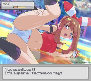 absurdres black_socks blue_eyes blurry blurry_background blush bow_hairband breasts brown_hair character_name cropped_shirt eiko_(ecchihunter) english_text eyelashes female hairband health_bar highres holding holding_own_leg holding_poke_ball may_(pokemon) mixed-language_commentary navel open_mouth panties patreon_username poke_ball poke_ball_(basic) pokemon pokemon_oras pussy_juice pussy_juice_stain red_hairband red_shirt shirt socks solo spread_legs stadium tongue underwear