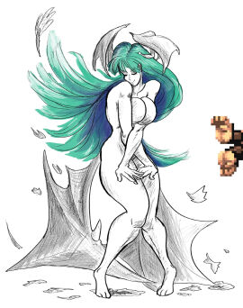 1girls barefoot breasts covering darkstalkers female fishtrash morrigan_aensland nude pose wardrobe_malfunction