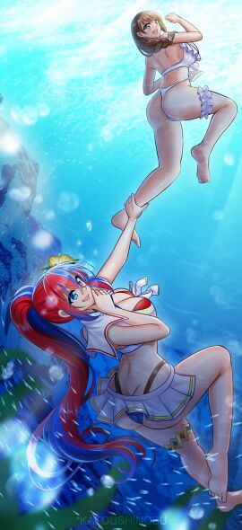 2girls alear_(female)_(seaside_dragon)_(fire_emblem) alear_(fire_emblem) alear_(fire_emblem)_(female) christmas diving fanart feh female fire_emblem fire_emblem_engage fire_emblem_heroes goldmary_(fire_emblem) katoushinobu nintendo red_and_blue summer two-toned_hair underwater white_dress