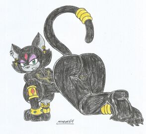 ankles black_body black_cat black_fur bracelets cat_girl doggy_style doggy_style_position earrings ebony_the_cat eyeshadow female fleetway_comics furry gold_(metal) gold_jewelry green_eyes grey_fur grey_nipples grey_pussy jewelry looking_back_at_viewer marlon64 mobian_(species) mobian_cat naked_female naked_jewelry nipple_rings pierced_pussy pussy sexy_face showing_ass showing_off showing_off_ass solo_female sonic_(series) sonic_the_comic sonic_the_hedgehog_(series) traditional_drawing_(artwork) white_background