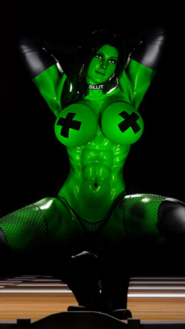 1girls 3d abs arms_behind_head big_breasts black_hair breasts busty choker curvaceous curvy curvy_figure doom4rus female female_only fishnet_stockings fishnet_thong green-skinned_female green_body green_eyes green_skin hero heroine hips hourglass_figure huge_breasts hulk_(series) large_breasts long_gloves marvel marvel_comics muscular muscular_female pose posing she-hulk slim_waist smile squatting stockings taped_nipples thick_thighs thigh_boots thong topless waist