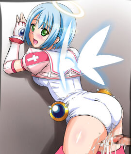 1boy after_sex after_vaginal against_wall arms_up ass asu_(hengaya) big_ass blue_hair blush breasts censored cum cum_in_pussy cum_on_ass cumdrip djibril_(makai_tenshi_djibril) elbow_gloves energy_wings erection female fingerless_gloves from_behind gloves green_eyes halo highres large_ass leaning_forward looking_at_viewer looking_back magical_girl makai_tenshi_djibril male manabe_rika mosaic_censoring old_school_swimsuit one-piece_swimsuit open_mouth penis pink_gloves pink_thighhighs pussy school_swimsuit short_hair smile straight swimsuit swimsuit_costume thighhighs thighs white_one-piece_swimsuit wings