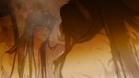 2boys back_tattoo bite_mark blurry blush breath brown_eyes brown_hair chinese_commentary closed_eyes depth_of_field earrings furrowed_brow hand_in_another's_hair hand_on_another's_head jewelry long_hair male male_focus mirror motion_lines multiple_boys multiple_males nipples open_mouth partially_undressed qiang_jin_jiu scar scar_on_back sex shen_lanzhou single_earring sweat tattoo upper_body xiao_chiye xybother yaoi