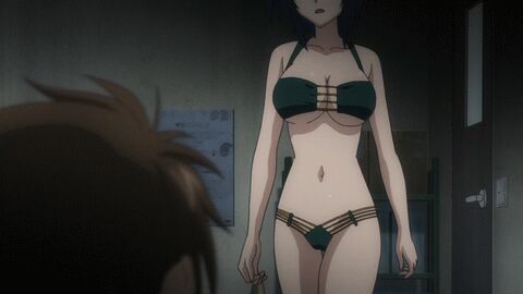 1boy 1girls animated anime anime_screencap anime_screenshot big_breasts bikini blue_hair body_blush bouncing_breasts breasts brown_hair cleavage curvy duo female focused frown gif green_hair high_school_dxd hyoudou_issei kneeling large_breasts light-skinned_female light-skinned_male lowres male multicolored_hair navel nipple_bulge nipples_visible_through_clothing official_animation seducing seductive short_hair stomach swimsuit tnk_(company) two-tone_hair wide_hips xenovia_quarta yellow_eyes