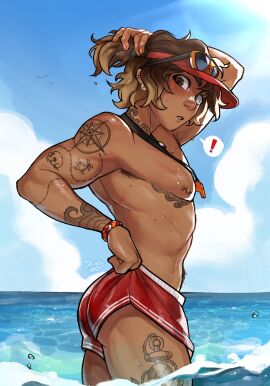 1other ambiguous_gender androgynous armpit_hair armpits beach body_hair bracelet cholvoq earrings hair_pulled_back lifeguard nipple_piercing nipples ocean overwatch overwatch_2 painted_nails pierced_ears pierced_nipples piercing piercings pin_up pinup pulling_up_pants shorts sloan_cameron solo sunglasses_on_head swimsuit tattoo tattoo_on_chest tattooed_arm tattoos venture waves wet whistle whistle_around_neck