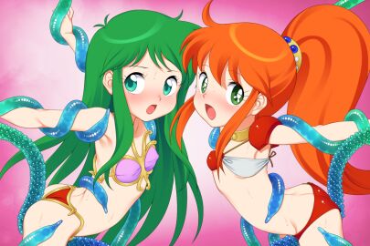 2girls armor armpits arms_up ass ass_cleavage ass_crack assjob ayanokouji_rem between_thighs bikini bikini_armor breasts butt_crack buttjob buttjob_over_clothes caron_(rall) choker commentary_request commission commissioner_upload crossover dream_hunter_rem face-to-face female fugetsu_taku green_eyes green_hair grinding leaning_forward long_hair multiple_females multiple_girls open_mouth orange_hair outstretched_arms pink_bikini ponytail red_bikini restrained sf_choujigen_densetsu_rall shoulder_armor skeb_commission small_breasts swimsuit tentacle trait_connection very_long_hair